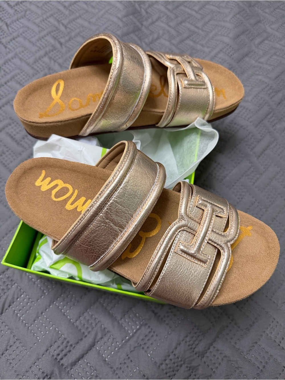 Sam Edelman Metallic Gold Double-Strap Slide Sandals - Picture 3 of 7